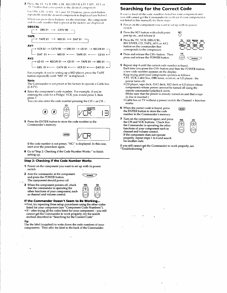 Tape, Note, K'cf | Searching for the correct code | Sony RM-V60 User Manual | Page 2 / 8