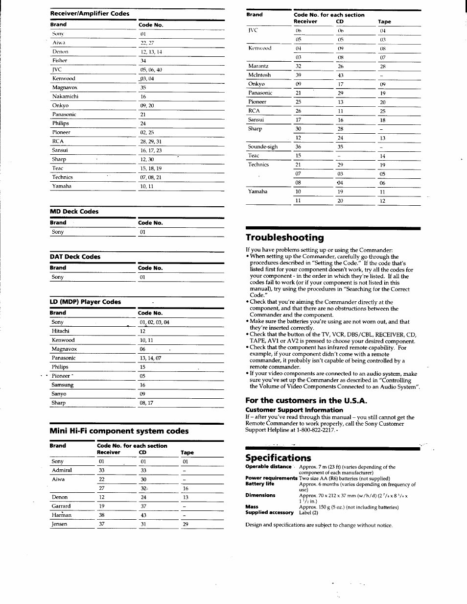 Customer support information, Troubleshooting, Specifications | Receiver/amplifier codes, Md deck codes, Dat deck codes, Ld (mdp) player codes, Mini hi-fi component system codes | Sony RM-V60 User Manual | Page 8 / 8