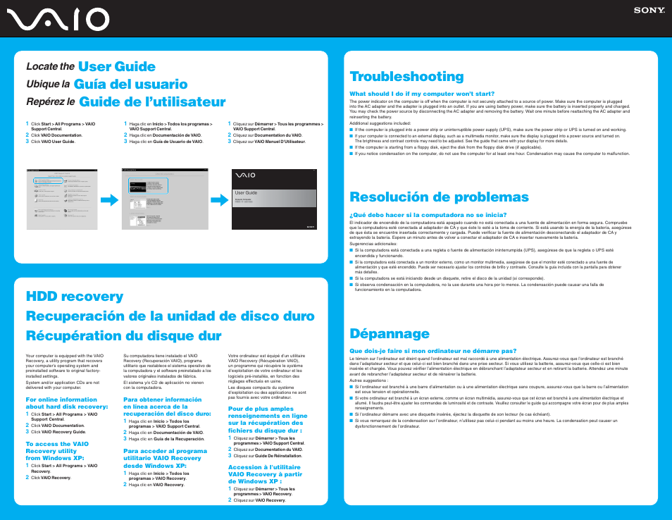 Troubleshooting, Resolución de problemas, Dépannage | User guide, Guía del usuario, Guide de l’utilisateur, Locate the, Ubique la, Repérez le | Sony VGN-FJ180P User Manual | Page 2 / 2