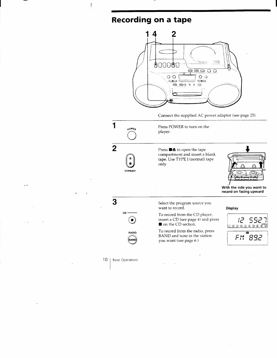 Recording on a tape | Sony CFD-980 User Manual | Page 10 / 34