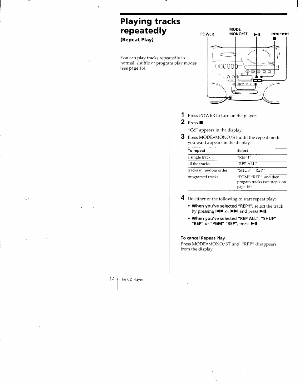 Playing tracks repeatedly, Repeat play) | Sony CFD-980 User Manual | Page 14 / 34