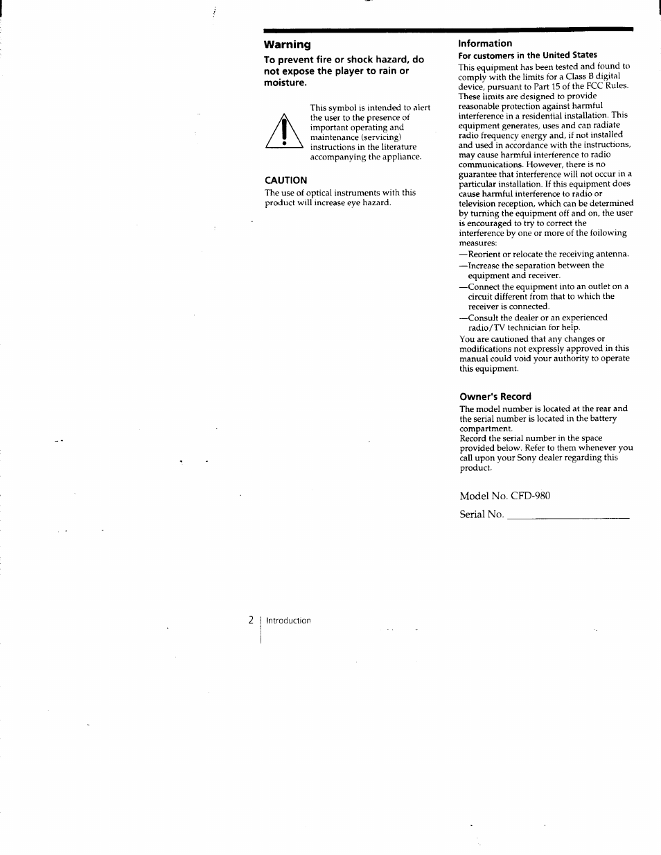 Warning | Sony CFD-980 User Manual | Page 2 / 34