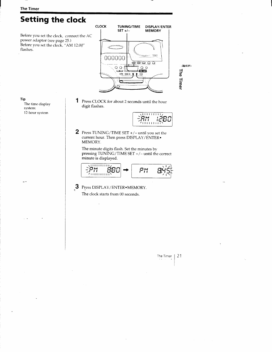 Setting the clock | Sony CFD-980 User Manual | Page 21 / 34