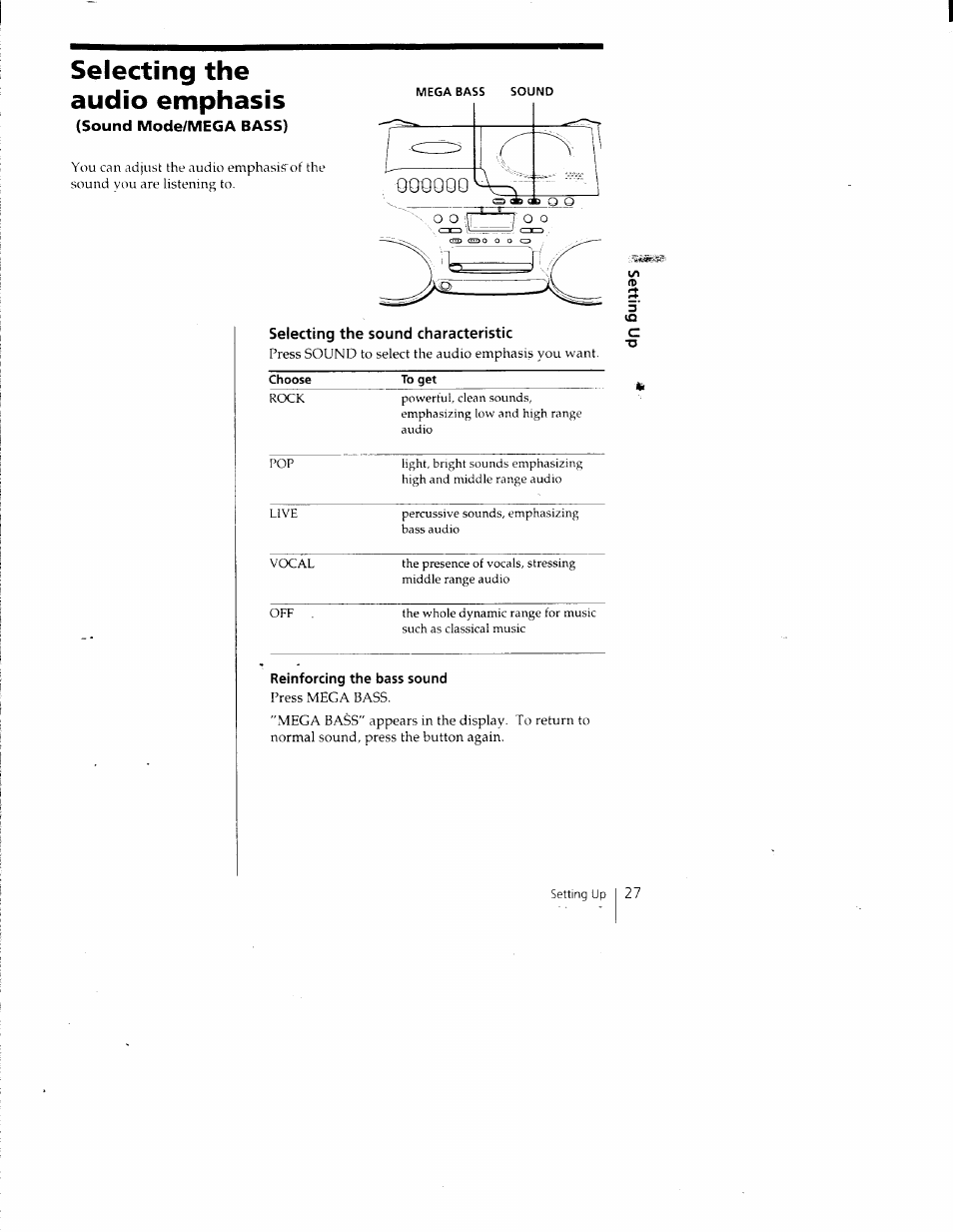 Selecting the audio emphasis, Sound mode/mega bass) | Sony CFD-980 User Manual | Page 27 / 34