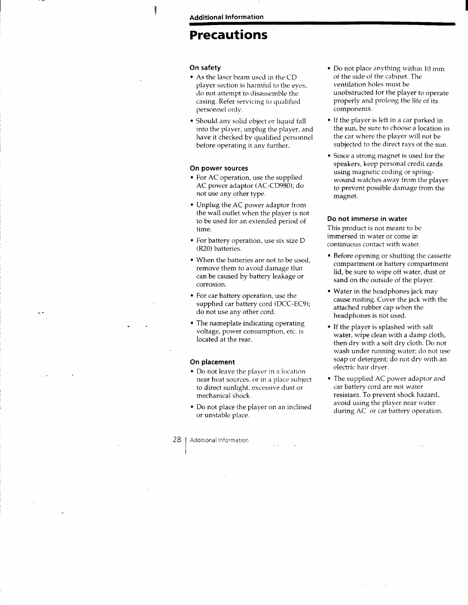 Precautions | Sony CFD-980 User Manual | Page 28 / 34