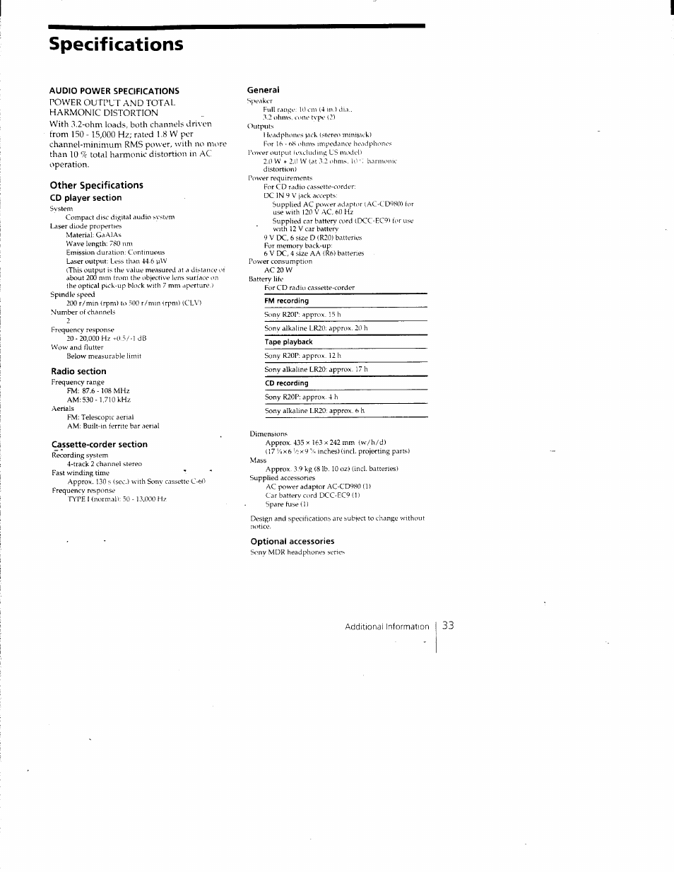 Specifications | Sony CFD-980 User Manual | Page 33 / 34