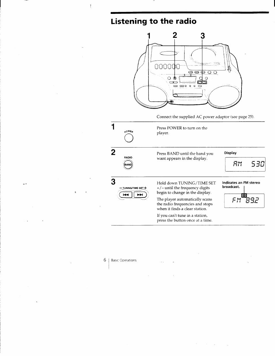 Listening to the radio 1 2 3, Listening to the radio | Sony CFD-980 User Manual | Page 6 / 34