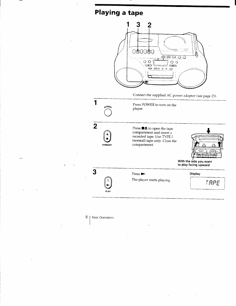 Playing a tape | Sony CFD-980 User Manual | Page 8 / 34