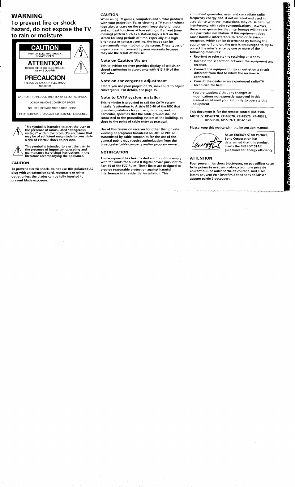 Warning, Attention, Precaucion | Sony KP 61S70 User Manual | Page 2 / 54
