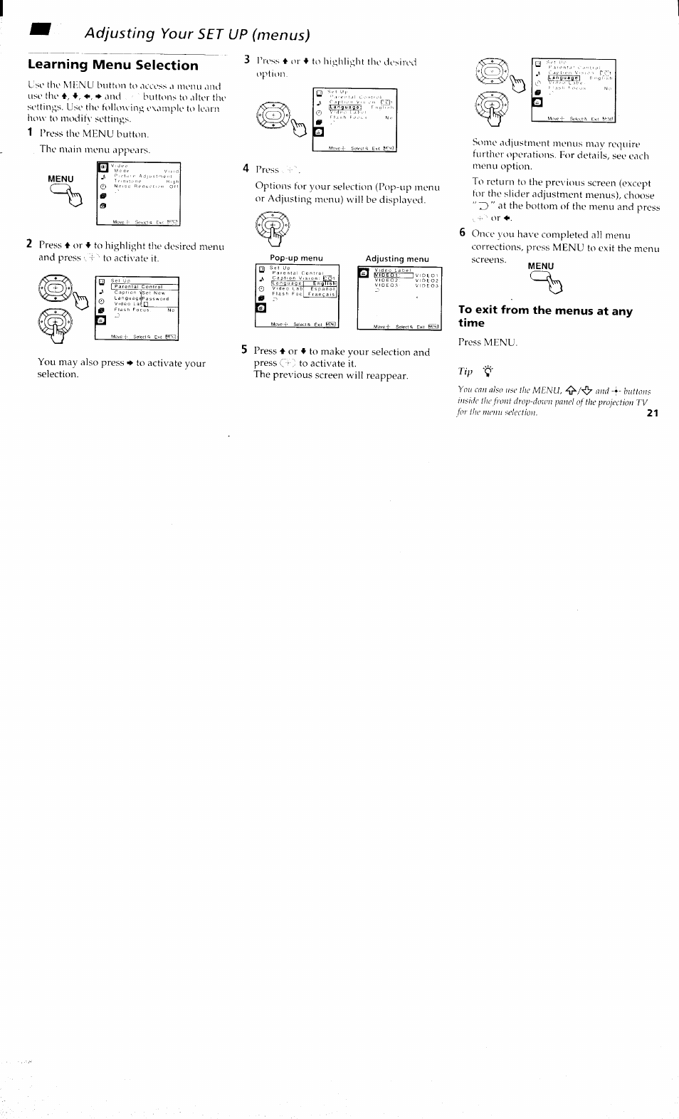 Learning menu selection, Adjusting your set up (menus), E3 “hut | Sony KP 61S70 User Manual | Page 25 / 54