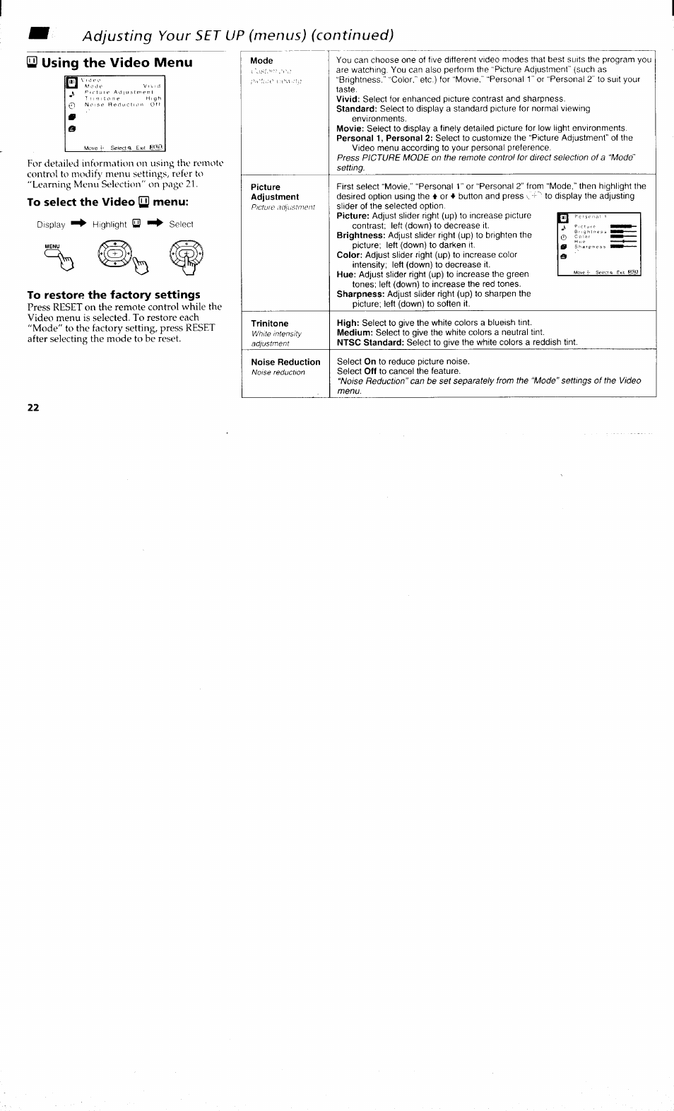 To select the video menu, To restore the factory settings, Q using the video menu | Adjusting your set up (menus) (continued) | Sony KP 61S70 User Manual | Page 26 / 54