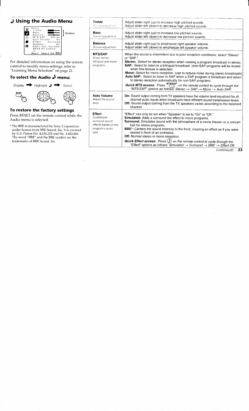 To select the audio menu, To restore the factory settings, A using the audio menu | Sony KP 61S70 User Manual | Page 27 / 54