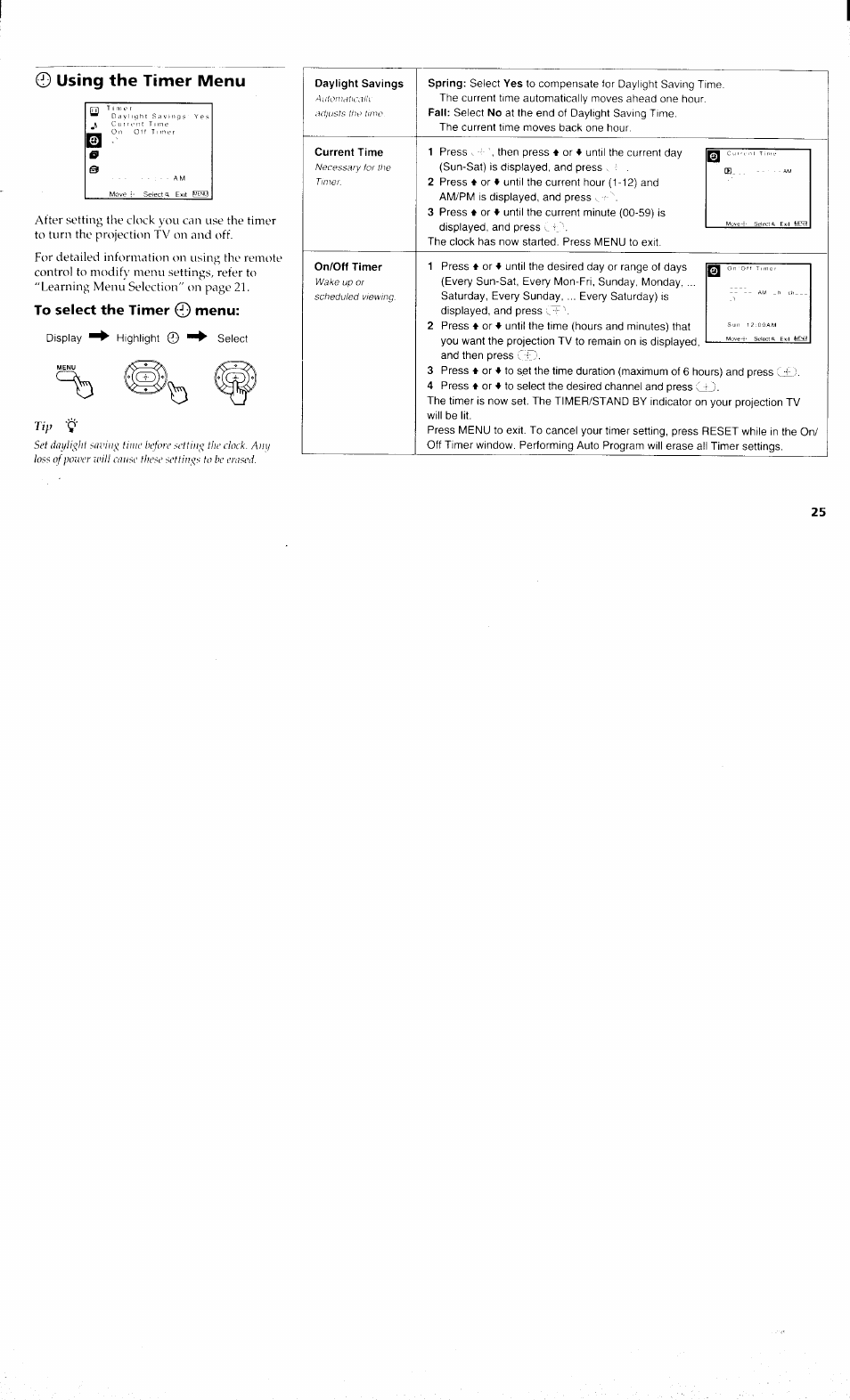 Using the timer menu | Sony KP 61S70 User Manual | Page 29 / 54