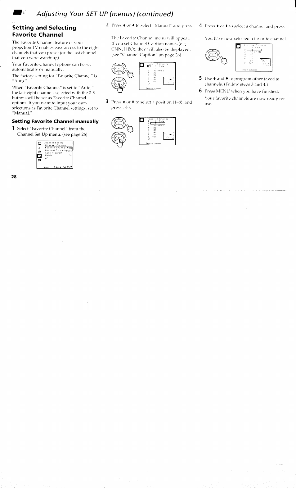 Setting favorite channel manually, Setting and selecting favorite channel, Adjusting your set up (menus) (continued) | Setting favorite channel manually 1 | Sony KP 61S70 User Manual | Page 32 / 54