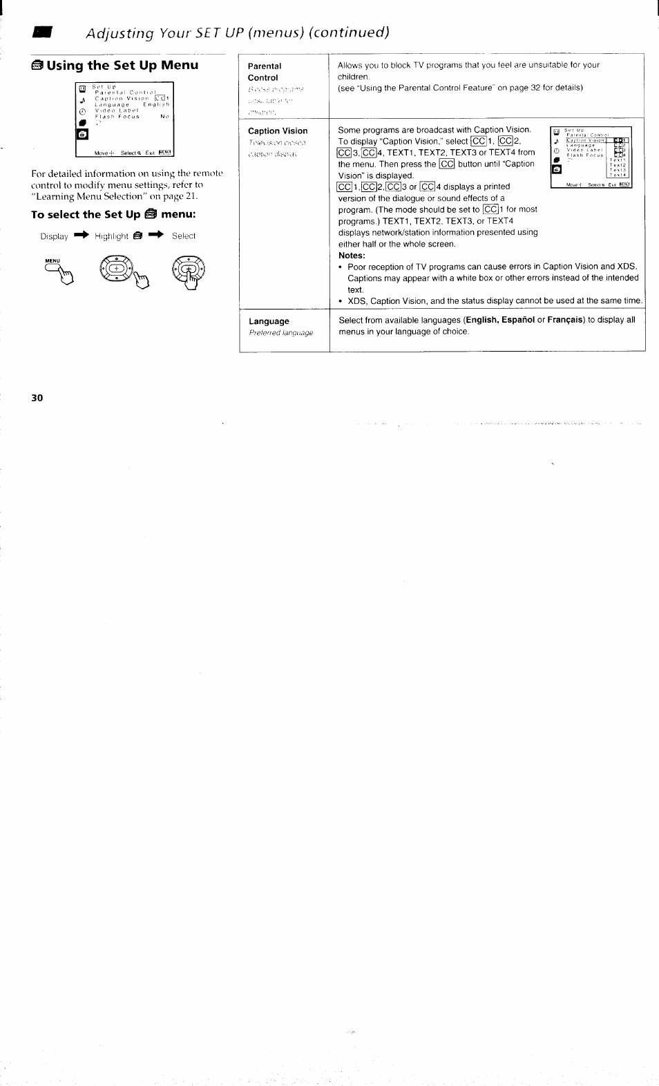 Using the set up menu, Adjusting your set up (menus) (continued) | Sony KP 61S70 User Manual | Page 34 / 54