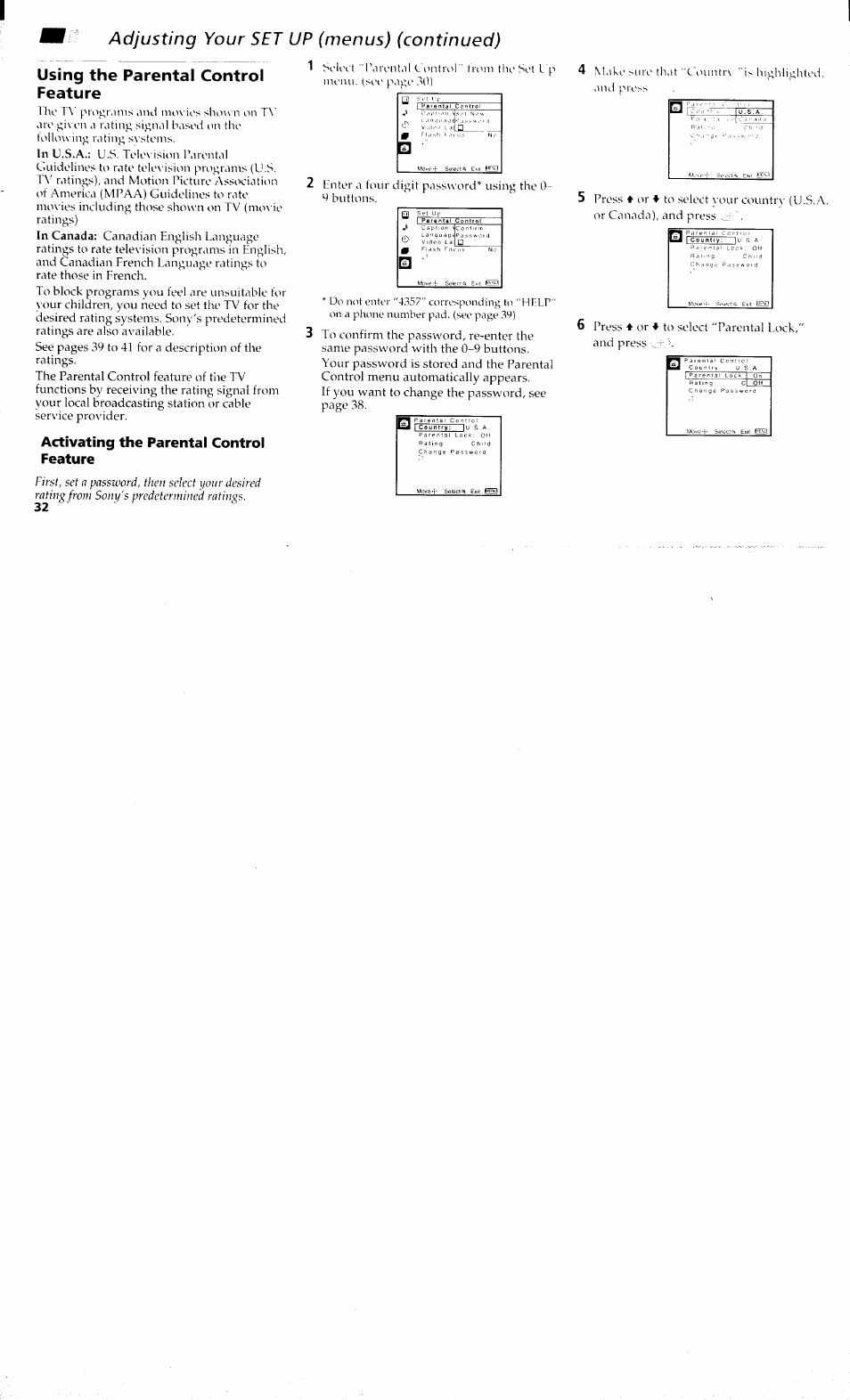 Activating the parentai control feature, Using the parental control feature, Adjusting your set up (menus) (continued) | Sony KP 61S70 User Manual | Page 36 / 54