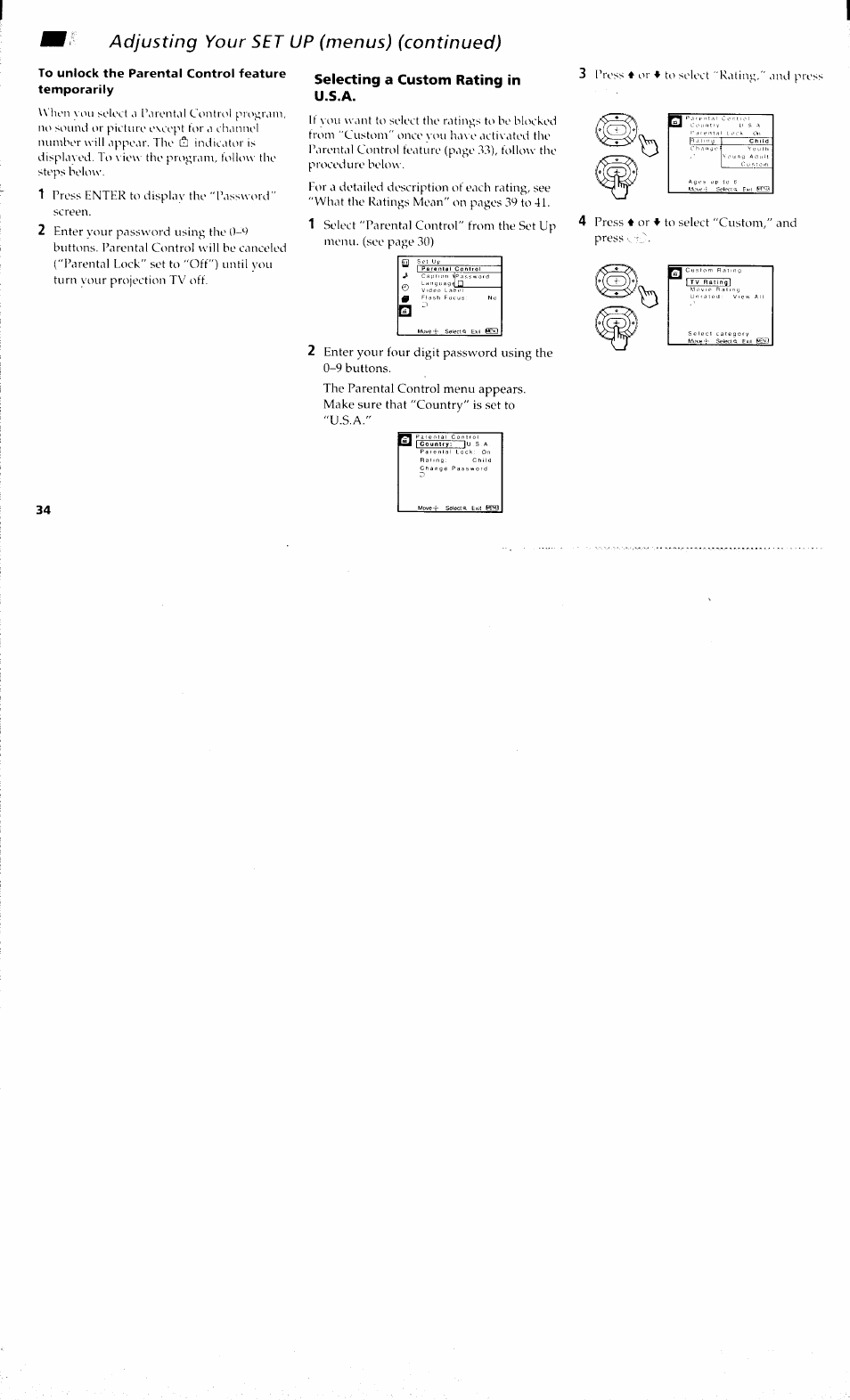 Selecting a custom rating in u.s.a, Adjusting your set up (menus) (continued) | Sony KP 61S70 User Manual | Page 38 / 54