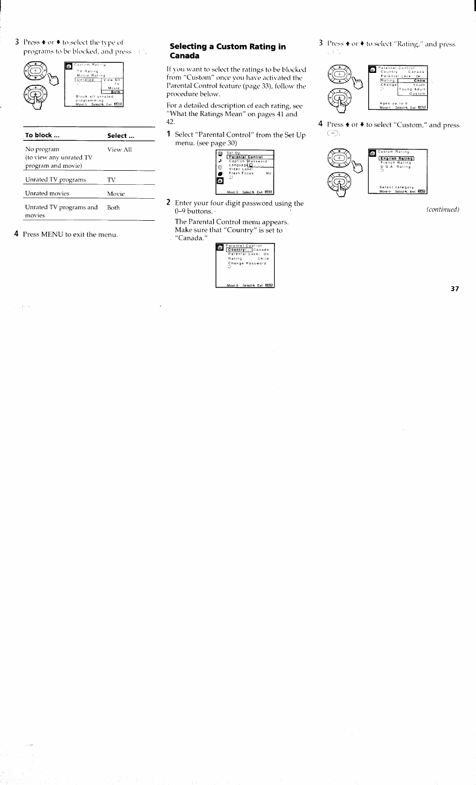 Selecting a custom rating in canada | Sony KP 61S70 User Manual | Page 41 / 54