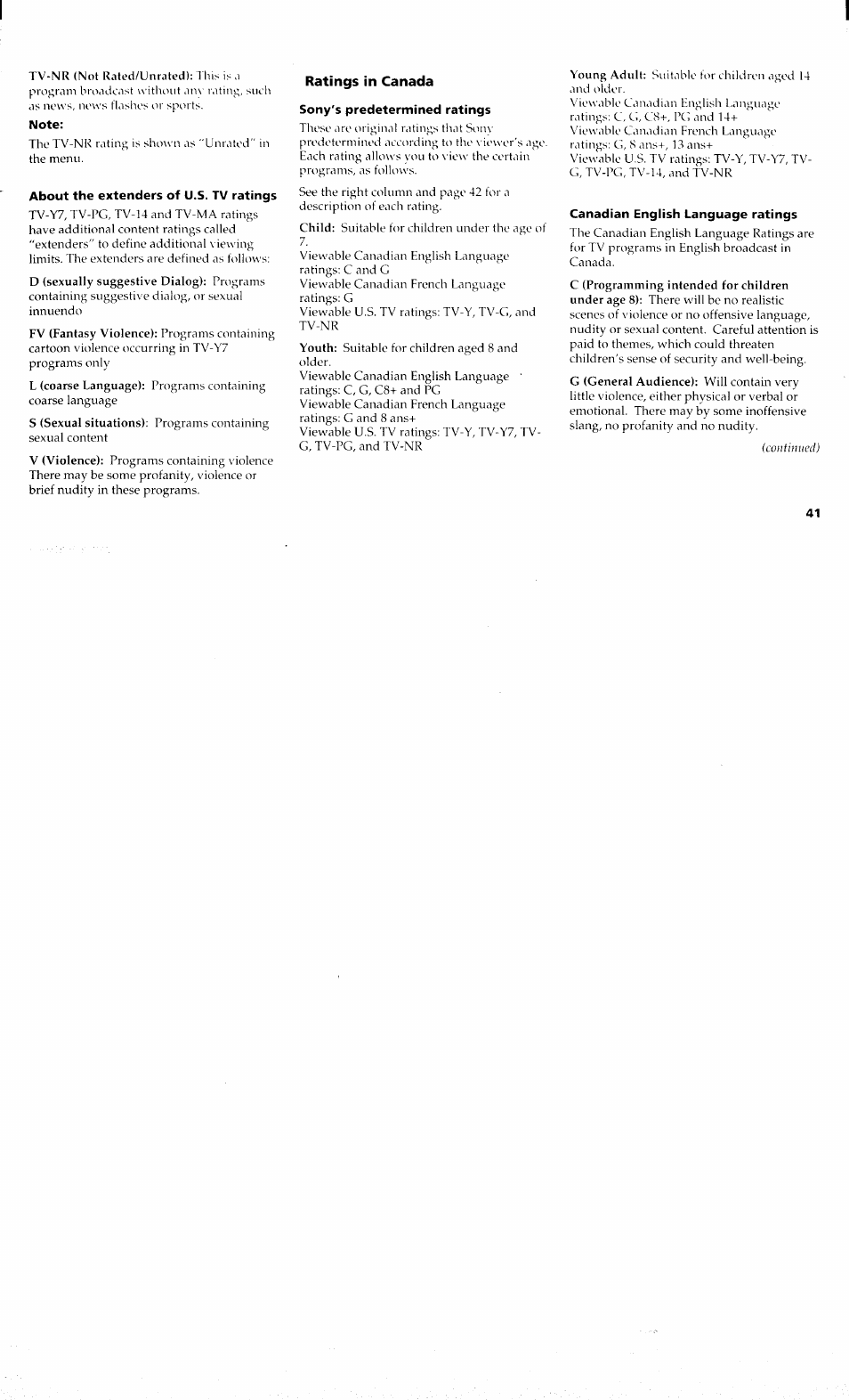 Ratings in canada | Sony KP 61S70 User Manual | Page 45 / 54