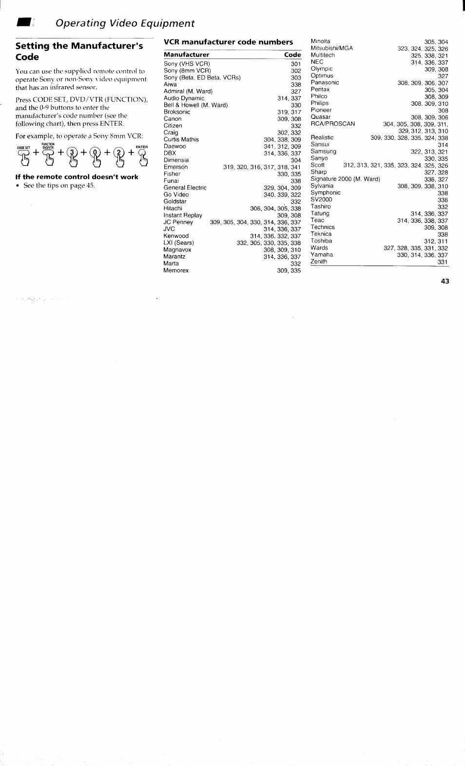 Setting the manufacturer's code, Operating video equipment, Vcr manufacturer code numbers | Sony KP 61S70 User Manual | Page 47 / 54