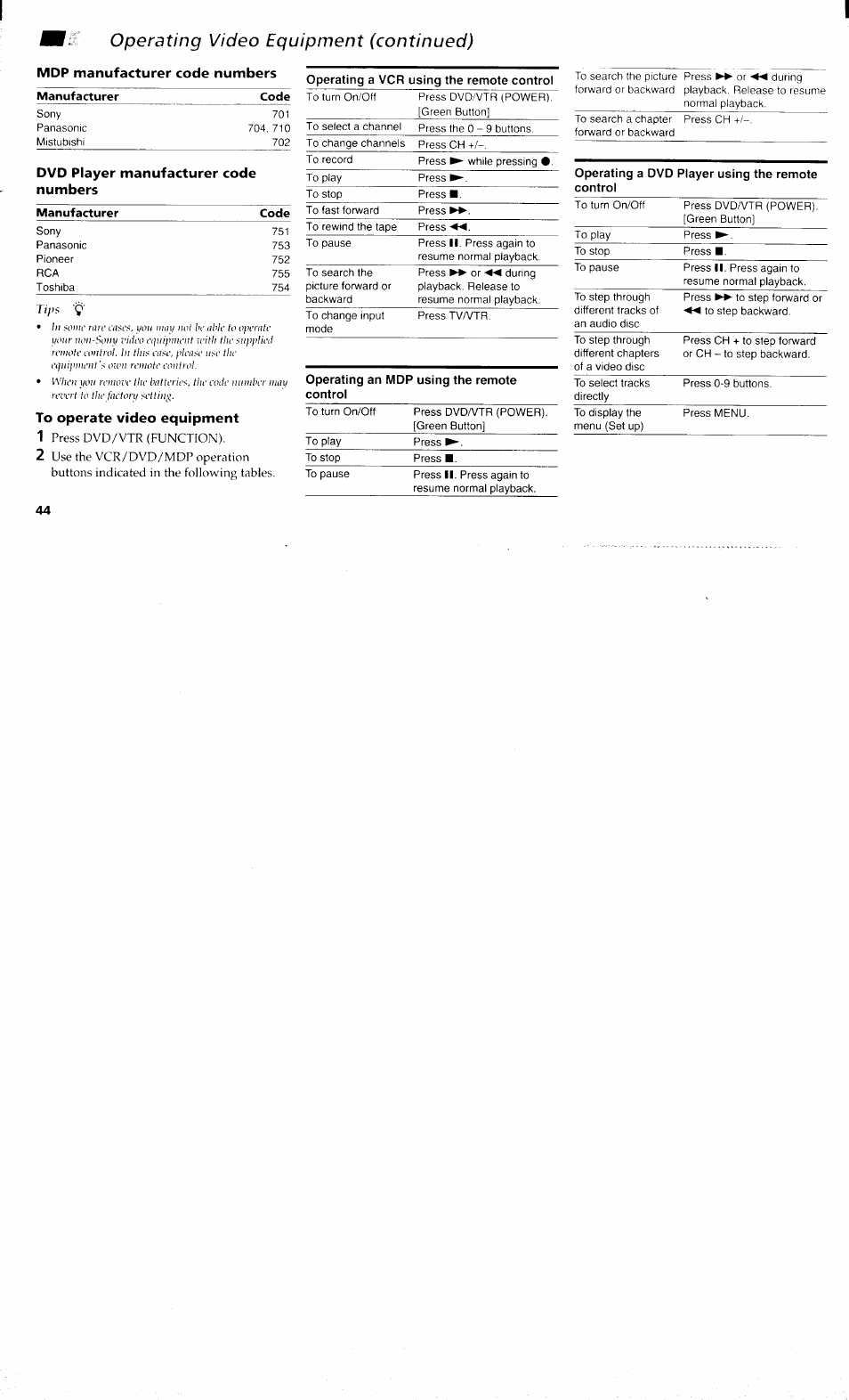 Mdp manufacturer code numbers, To operate video equipment, Operating video equipment (continued) | Dvd player manufacturer code numbers | Sony KP 61S70 User Manual | Page 48 / 54