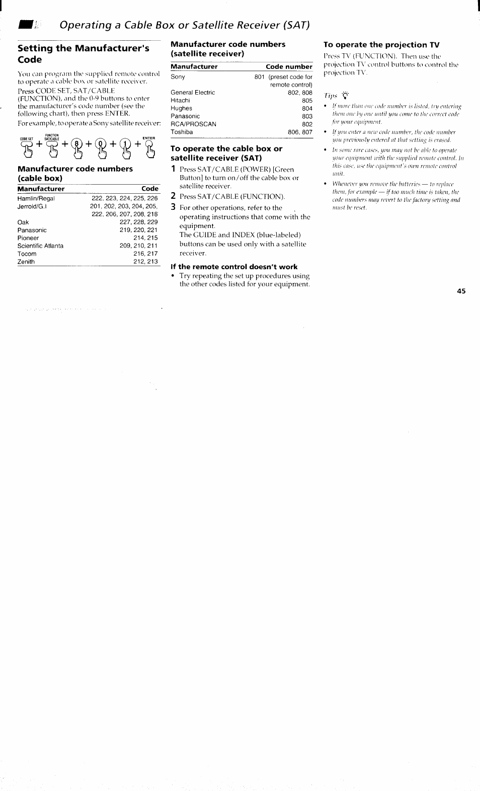 Manufacturer code numbers (cable box), Manufacturer code numbers (satellite receiver), To operate the projection tv | Setting the manufacturer's code, Operating a cable box or satellite receiver (sat) | Sony KP 61S70 User Manual | Page 49 / 54