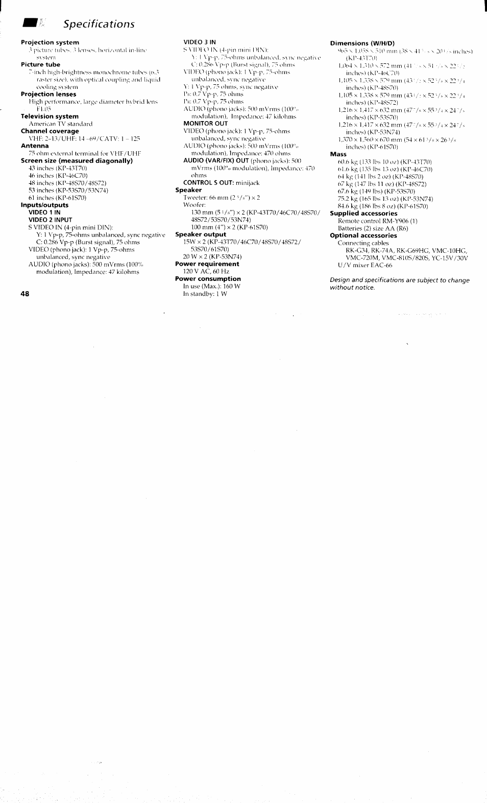 Specifications | Sony KP 61S70 User Manual | Page 52 / 54