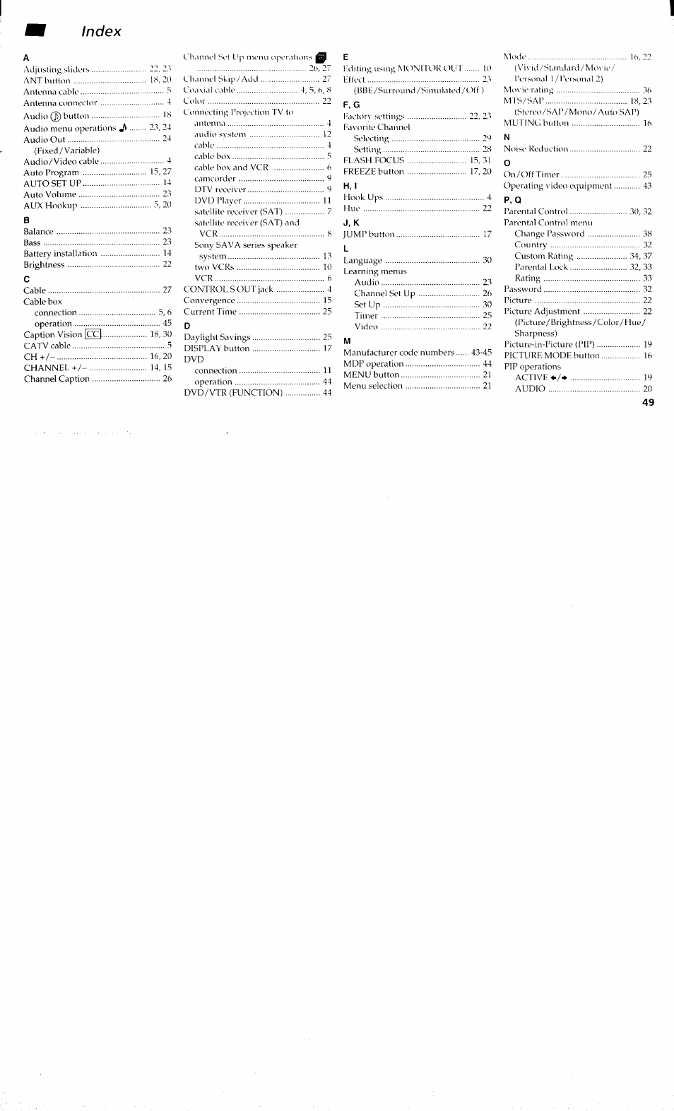 Index | Sony KP 61S70 User Manual | Page 53 / 54