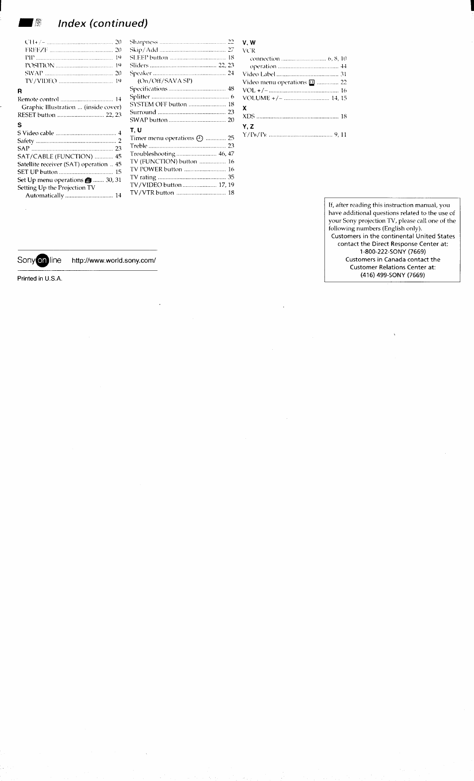 Index (continued) | Sony KP 61S70 User Manual | Page 54 / 54