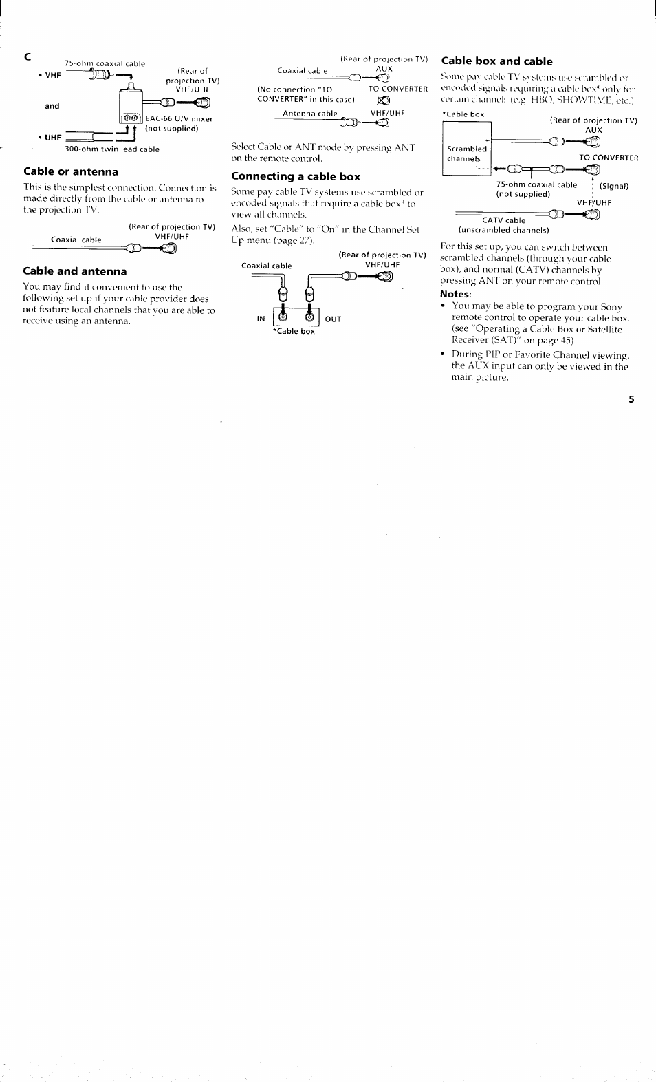 Cable or antenna, Cable and antenna, Connecting a cable box | Cable box and cable | Sony KP 61S70 User Manual | Page 9 / 54