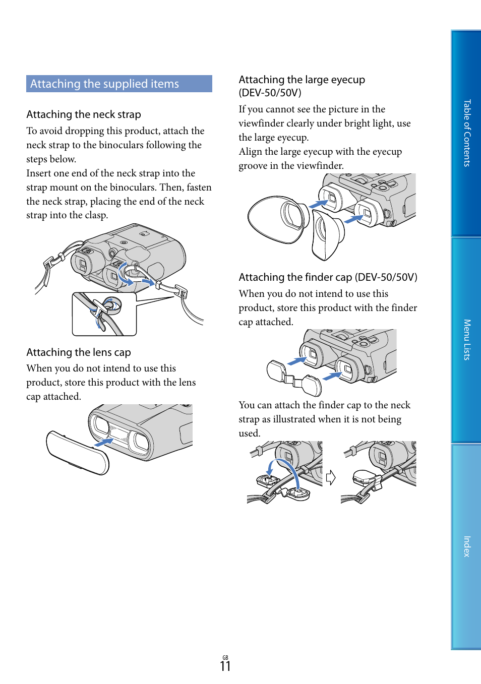 Attaching the supplied items | Sony DEV-50V User Manual | Page 11 / 90