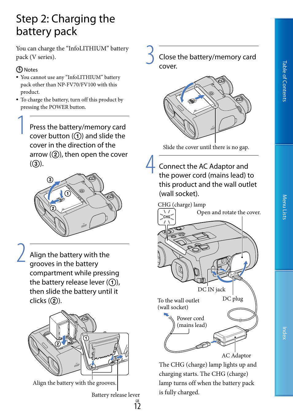 Step 2: charging the battery pack | Sony DEV-50V User Manual | Page 12 / 90