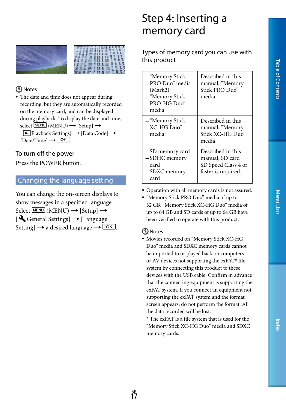 Changing the language setting, Step 4: inserting a memory card, E 17 f | Sony DEV-50V User Manual | Page 17 / 90