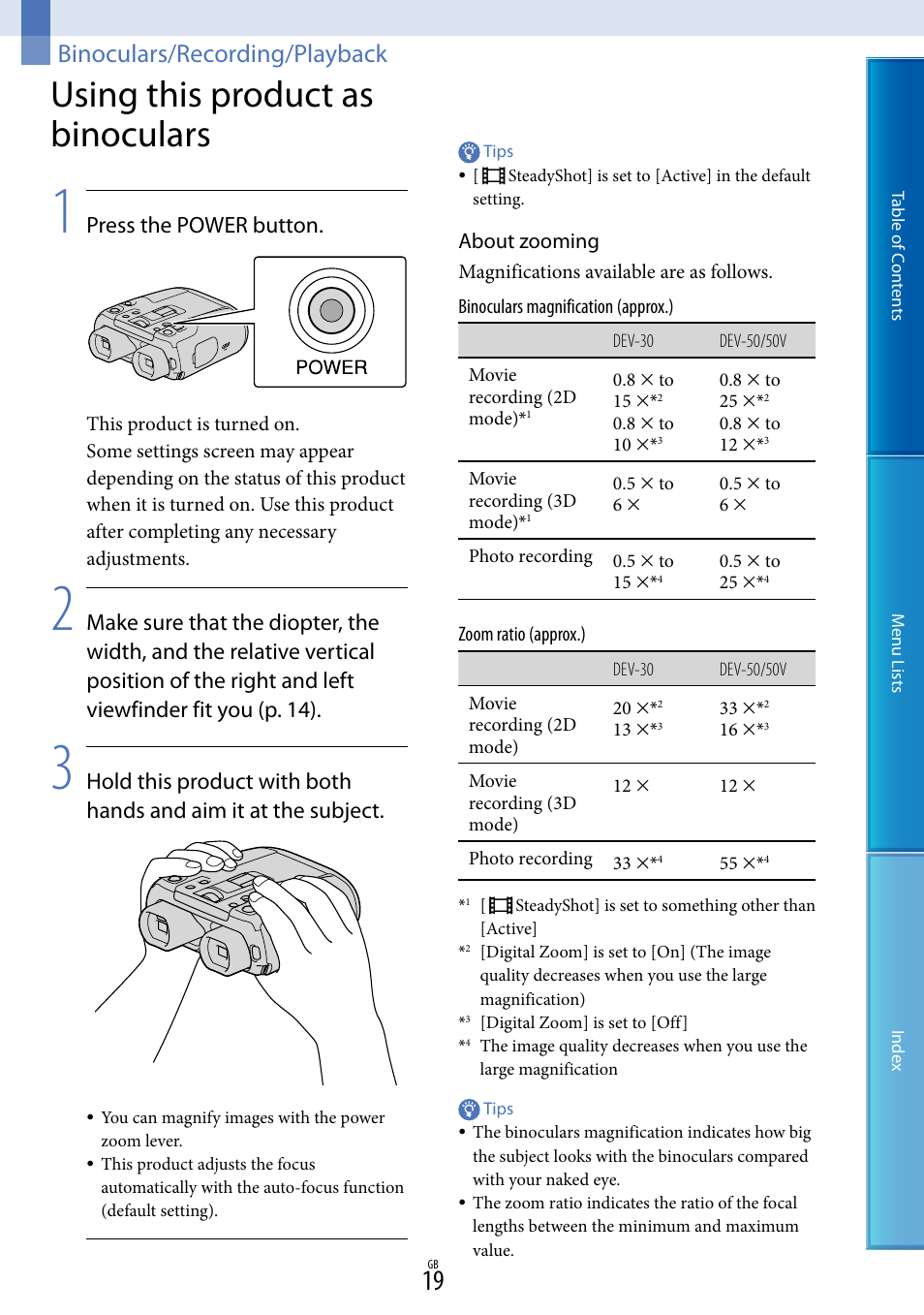 Binoculars/recording/playback, Using this product as binoculars, Press the power button | Sony DEV-50V User Manual | Page 19 / 90