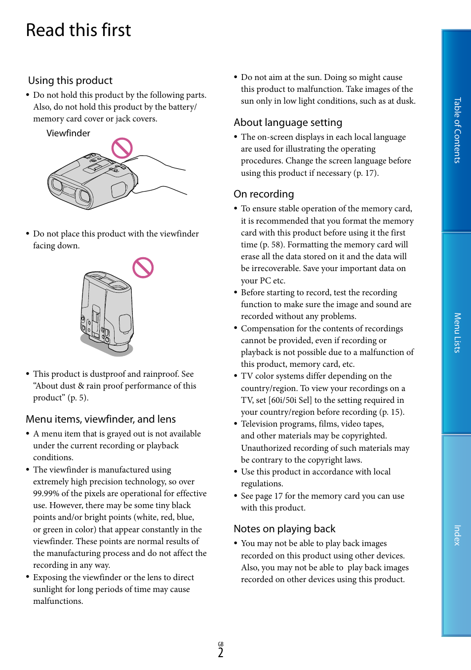 Read this first, Using this product, Menu items, viewfinder, and lens | About language setting, On recording | Sony DEV-50V User Manual | Page 2 / 90