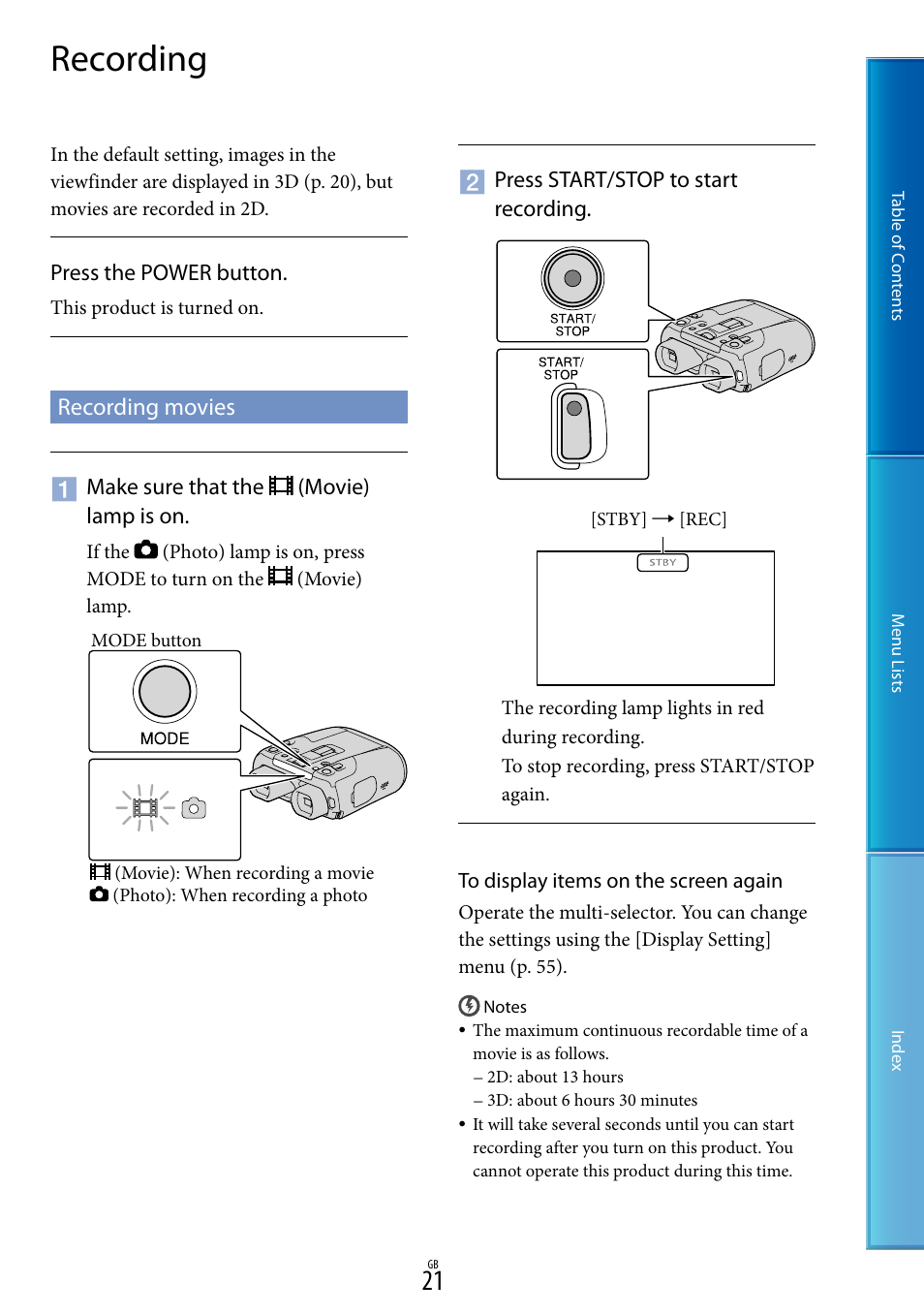 Recording, Recording movies, 21), t | Sony DEV-50V User Manual | Page 21 / 90