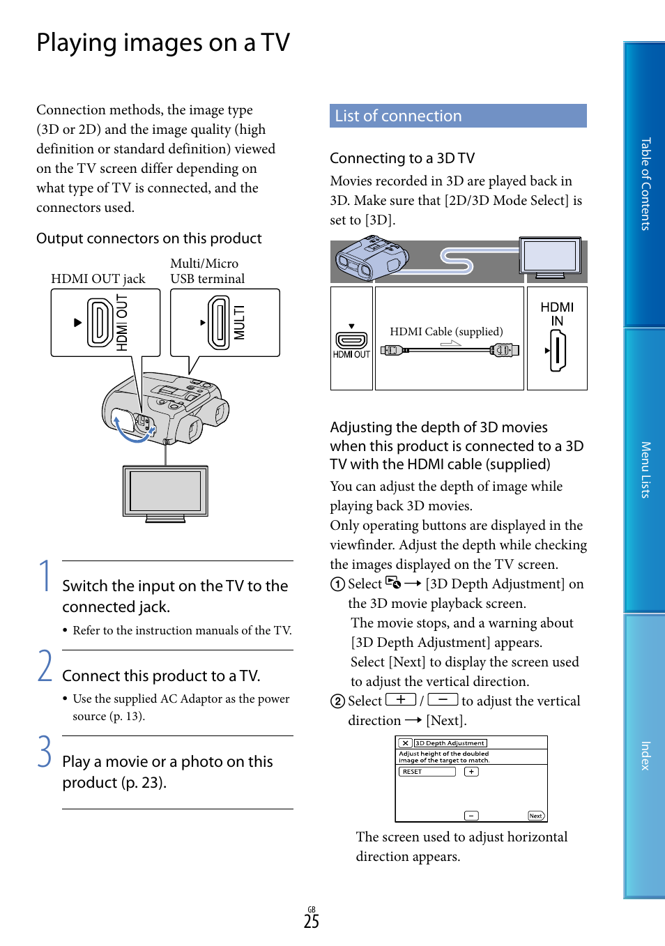 Playing images on a tv, List of connection | Sony DEV-50V User Manual | Page 25 / 90