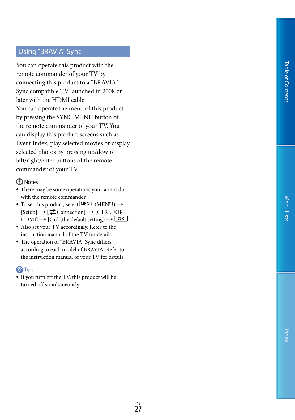 Using “bravia” sync | Sony DEV-50V User Manual | Page 27 / 90