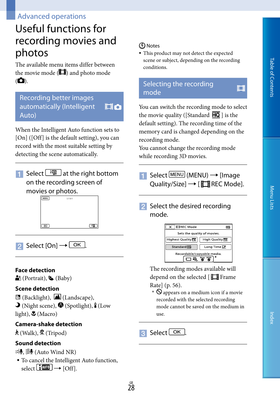 Advanced operations, Useful functions for recording movies and photos, Selecting the recording mode | Sony DEV-50V User Manual | Page 28 / 90