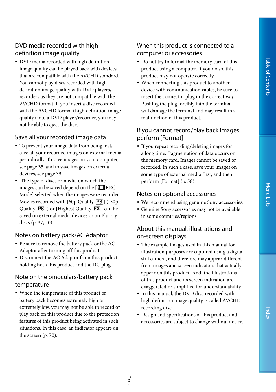 Save all your recorded image data | Sony DEV-50V User Manual | Page 3 / 90