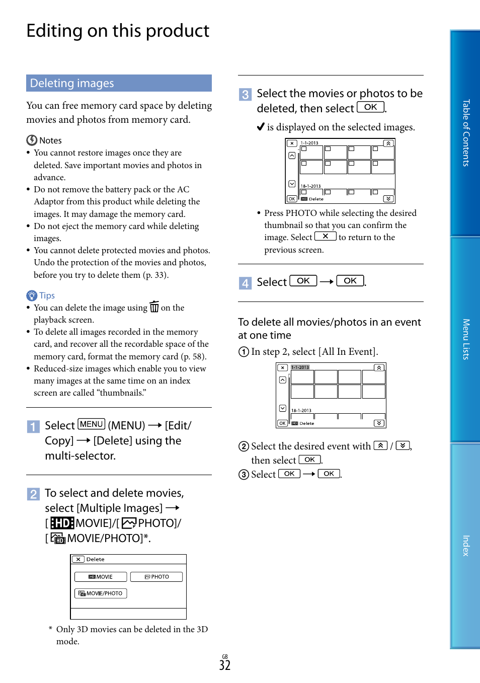 Editing on this product, Deleting images | Sony DEV-50V User Manual | Page 32 / 90