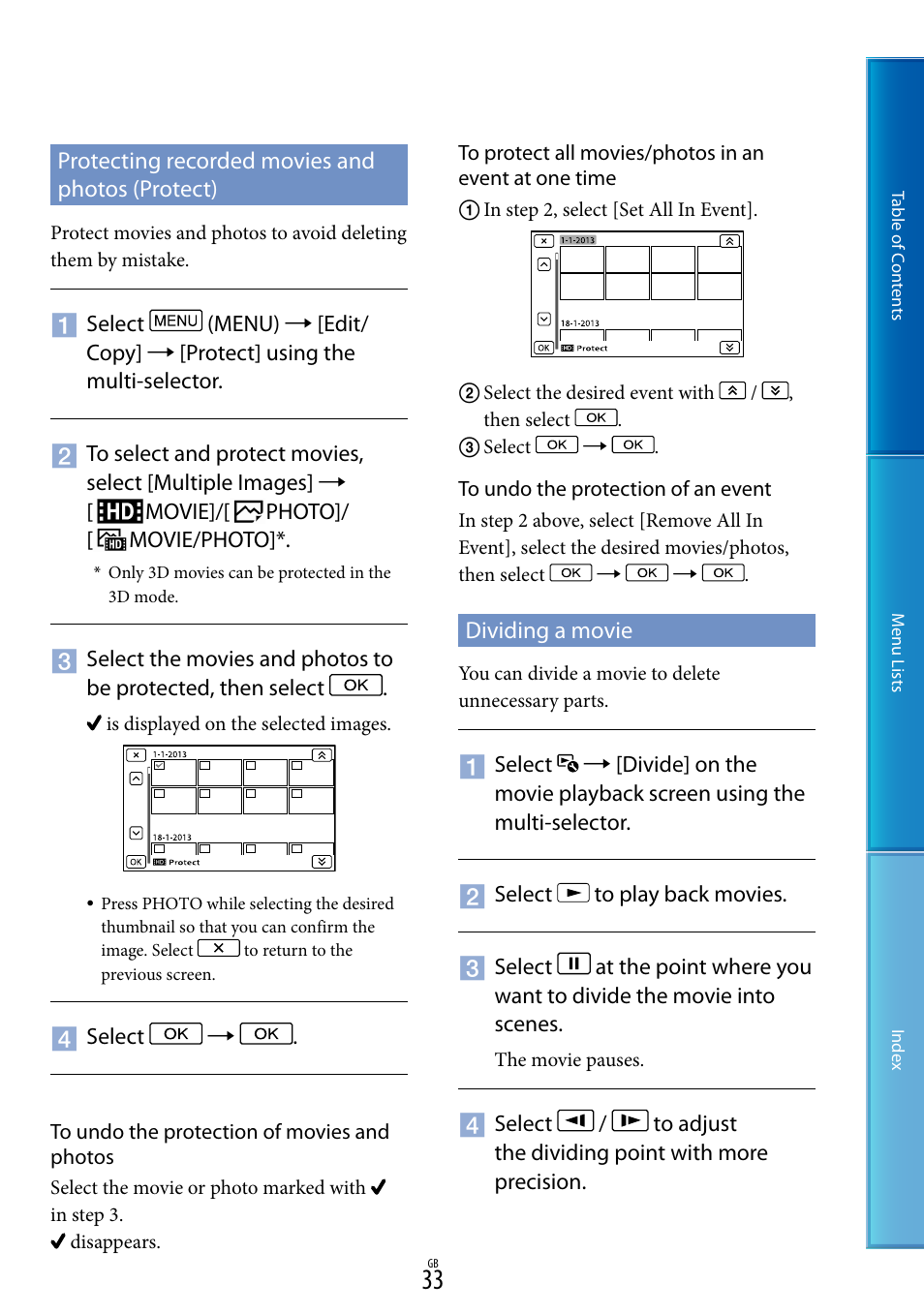 Protecting recorded movies and photos (protect), Dividing a movie | Sony DEV-50V User Manual | Page 33 / 90