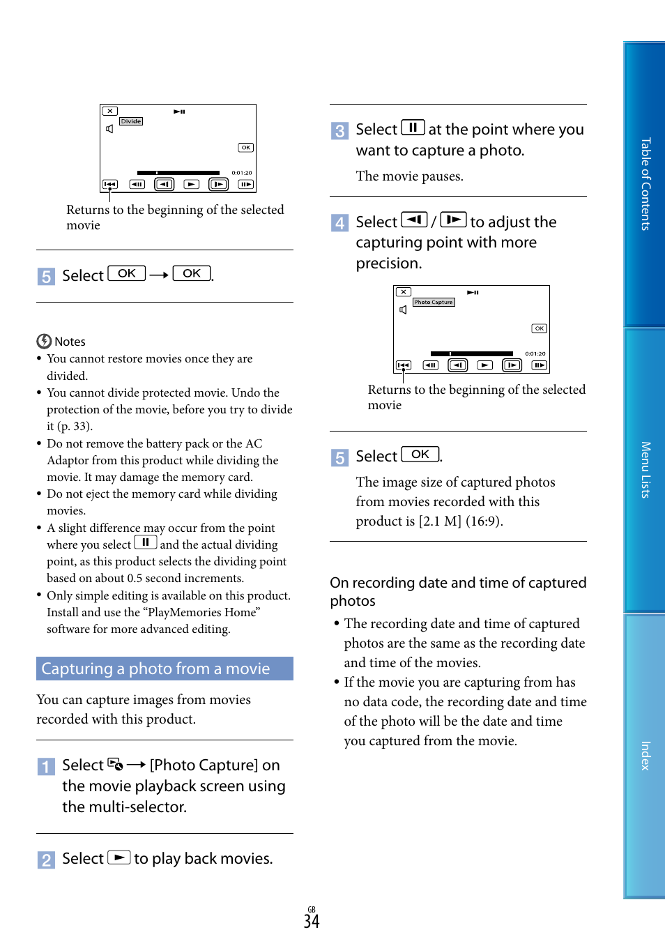 Capturing a photo from a movie | Sony DEV-50V User Manual | Page 34 / 90