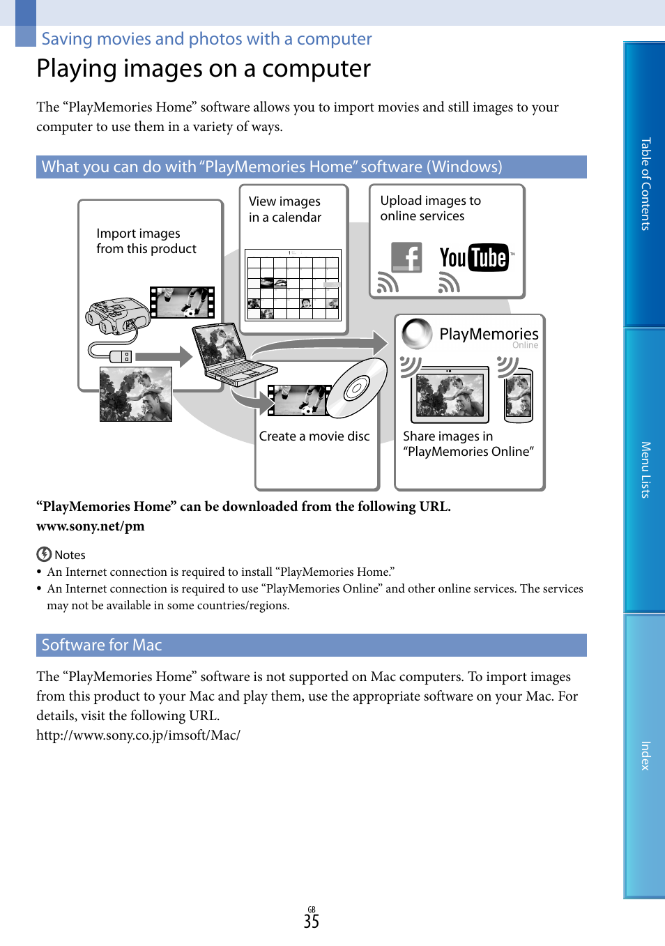 Saving movies and photos with a computer, Playing images on a computer, Software for mac | E 35, a | Sony DEV-50V User Manual | Page 35 / 90