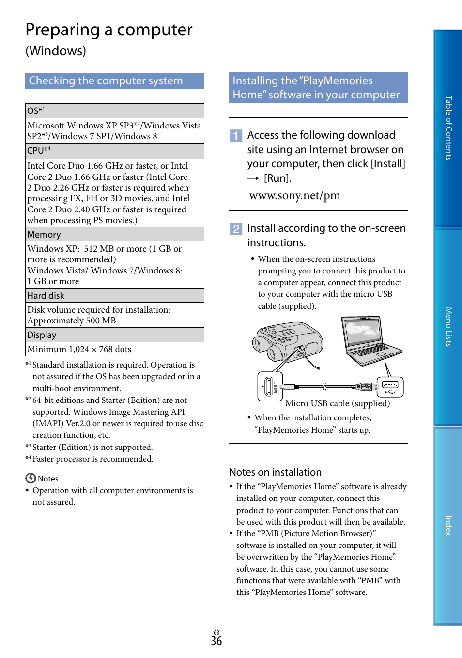 Preparing a computer (windows), Checking the computer system, Preparing a computer | Windows), Install according to the on-screen instructions | Sony DEV-50V User Manual | Page 36 / 90