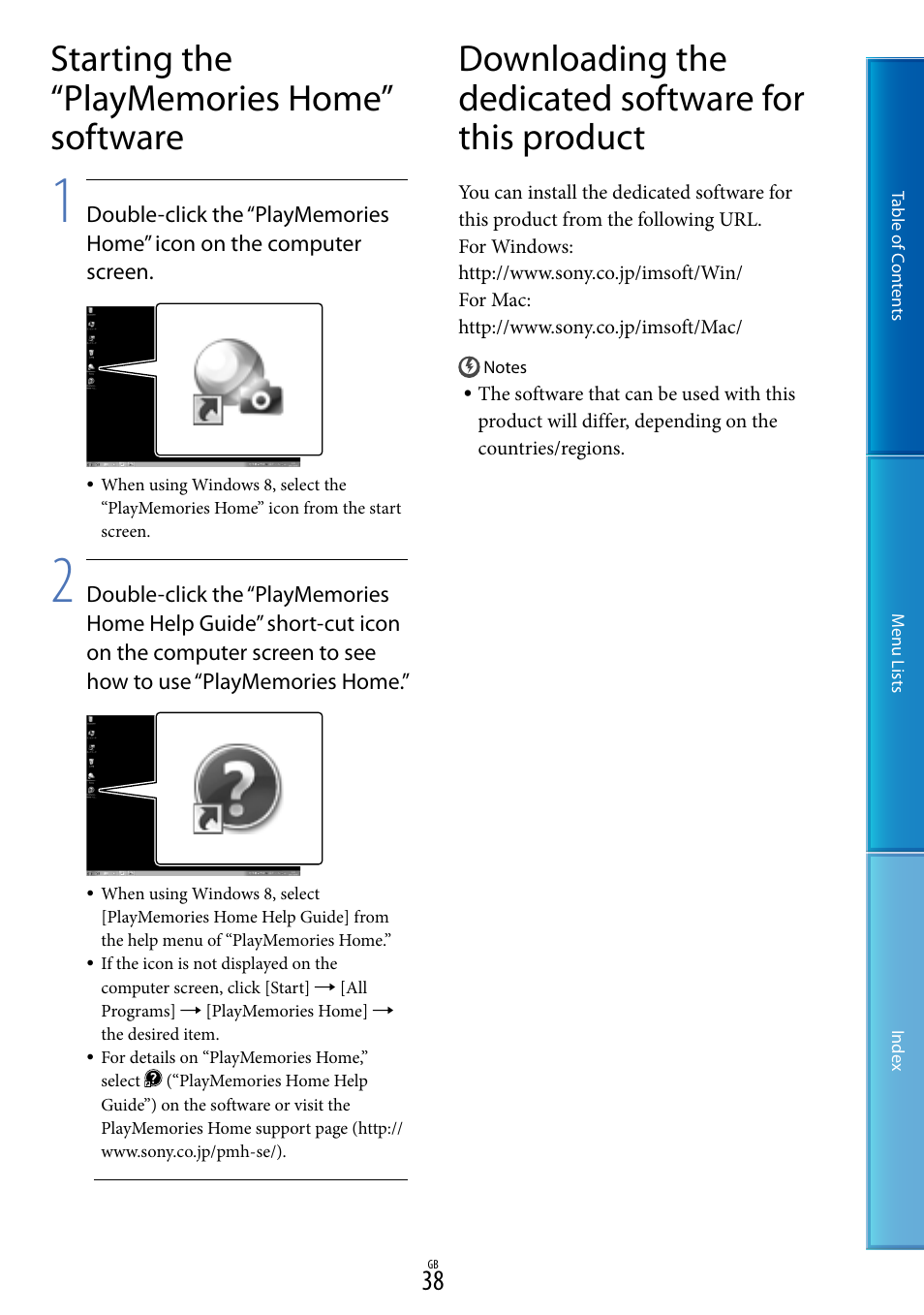 Starting the “playmemories home” software | Sony DEV-50V User Manual | Page 38 / 90