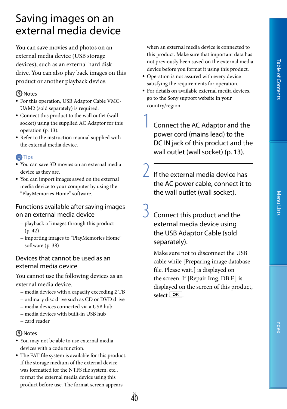 Saving images on an external media device | Sony DEV-50V User Manual | Page 40 / 90