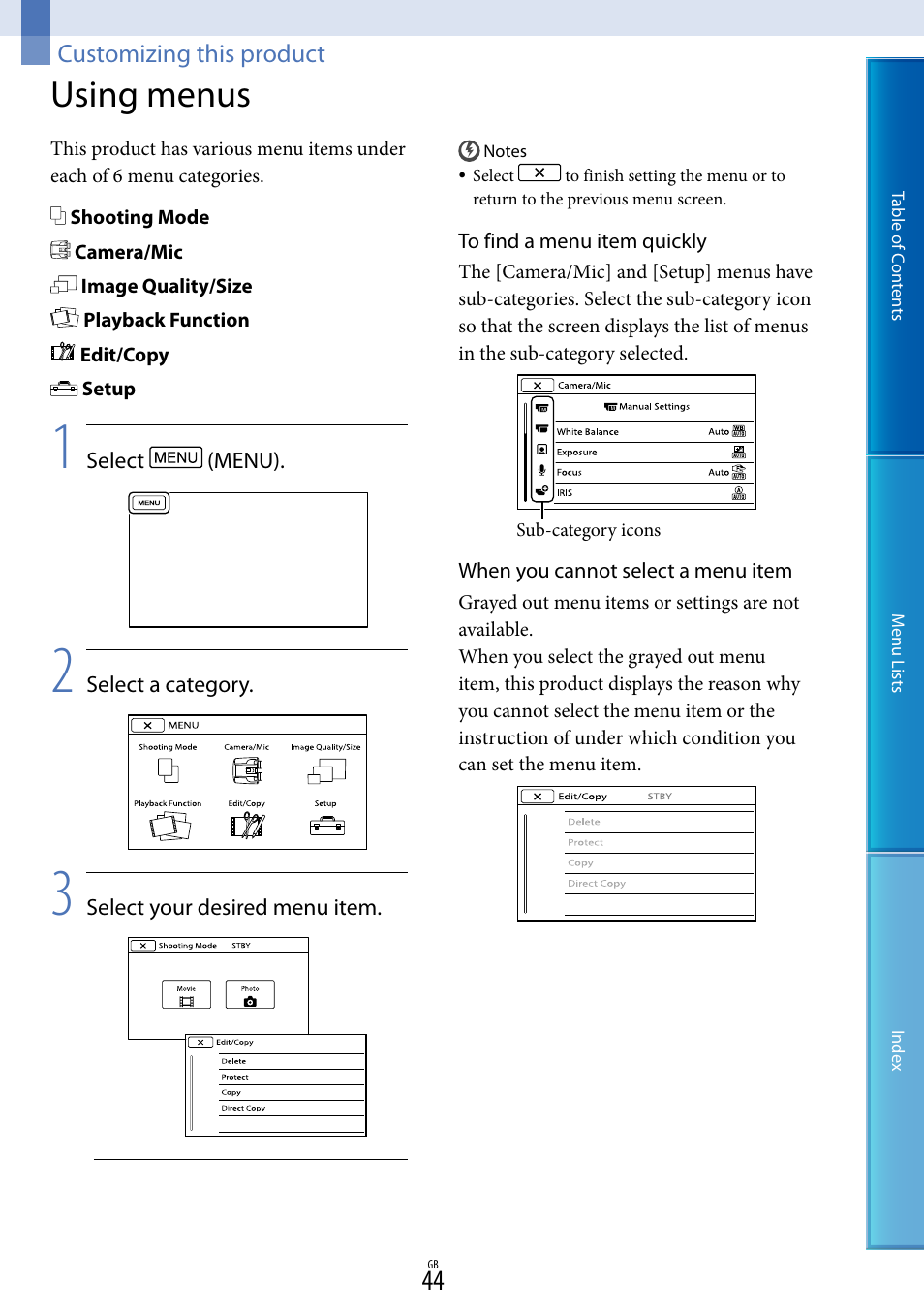 Customizing this product, Using menus | Sony DEV-50V User Manual | Page 44 / 90