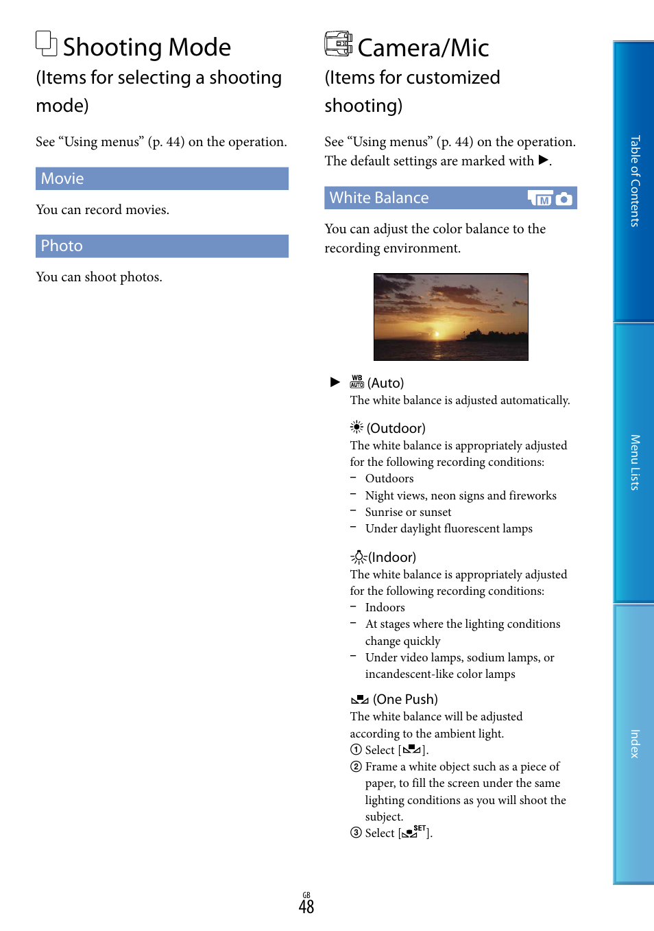 Camera/mic (items for customized shooting), Shooting mode, Camera/mic | Items for selecting a shooting mode), Items for customized shooting), Movie, Photo, White balance | Sony DEV-50V User Manual | Page 48 / 90