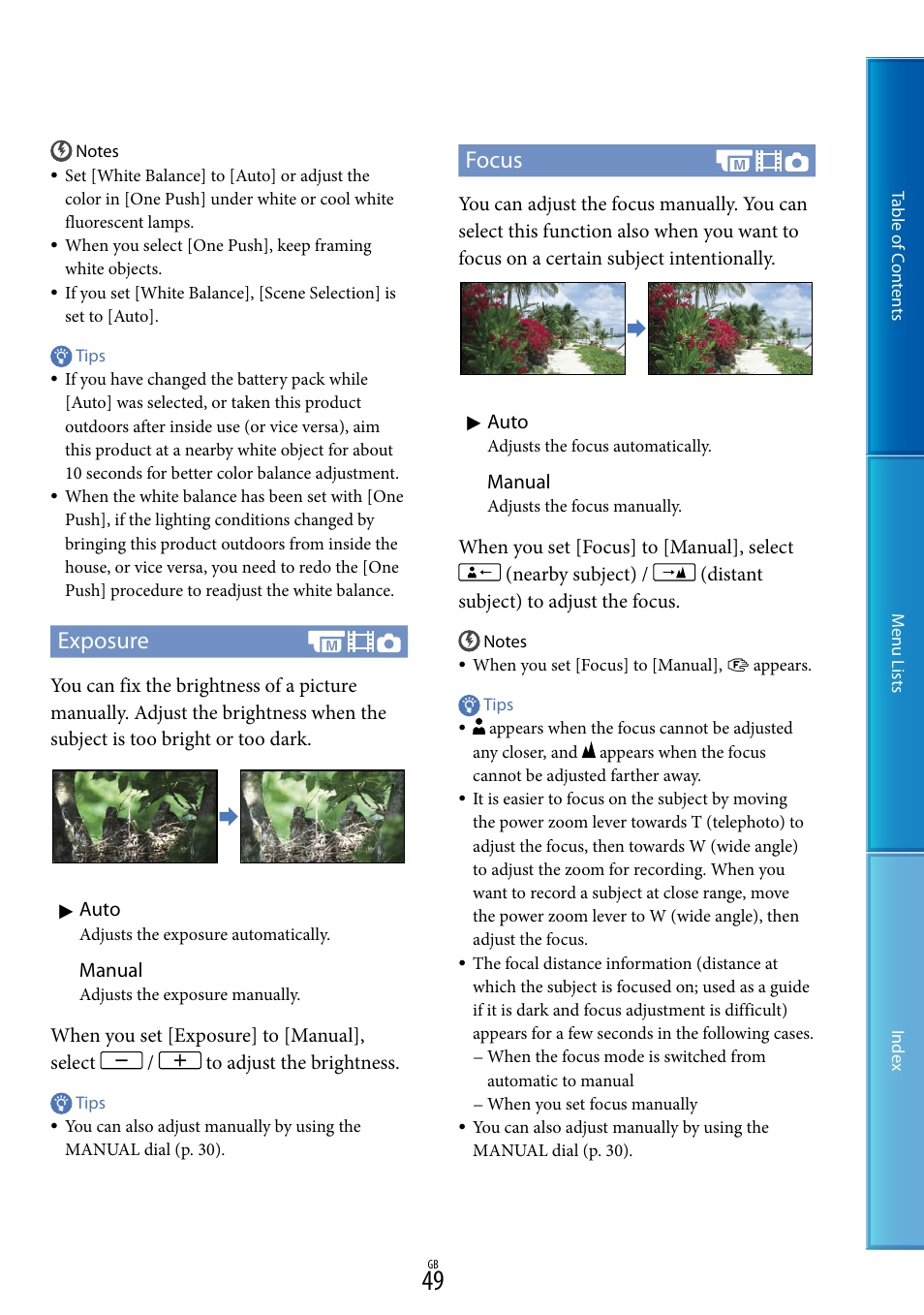 Exposure, Focus, Manual | Sony DEV-50V User Manual | Page 49 / 90